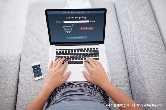 man lying on the sofa and holding notebook with onlain shopping site on the screen and phone