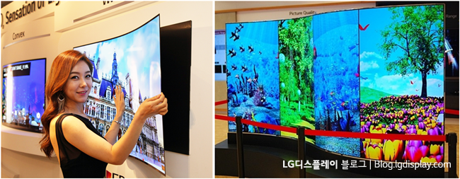 ▲ LG디스플레이가 공개한 Wall Paper OLED TV(좌)와 139인치 VTO(Vertical Tiling OLED) 커머셜 디스플레이(우)