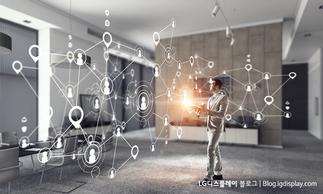Businessman in office interior and social net connection 3D illustration