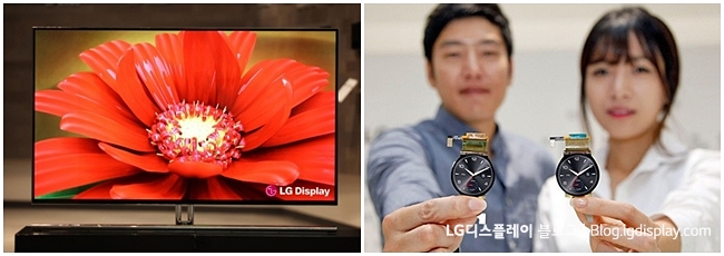 ▲ LG디스플레이에서 세계 최초로 선보인 55인치 OLED TV 패널(좌)과 원형 POLED(우)