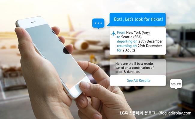 Chat bot and future marketing concept . Customer hand holding tablet look for ticket and popup out smart phone screen with automatic chatbot message screen , airport background