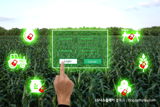 nternet of things(agriculture concept),smart farming,industrial agriculture.Farmer use the finger to put log in to the system for control,management and monitor the field with augmenter reality panel