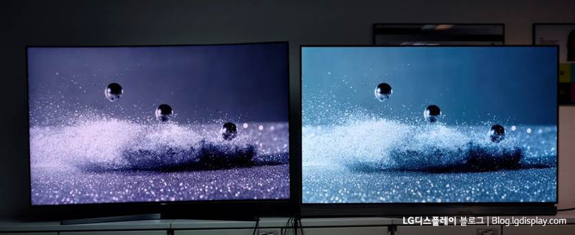 QD-LCD TV(좌)와 OLED TV(우)의 작은 입자의 표현 비교
