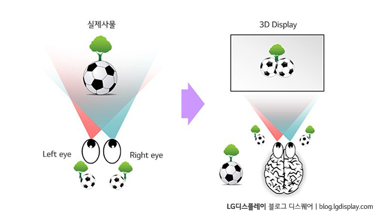 각각 다른 두 눈의 이미지를 하나로 합성해서 입체감을 표현하는 3D